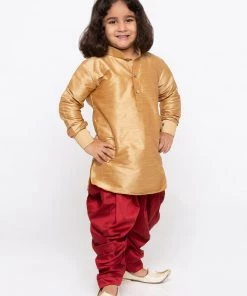Vastramay Silk Blend Rose Gold And Maroon Baap Beta Dhoti Kurta Set