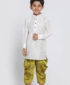 JBN Creation Boys' White Cotton Silk Kurta And Dhoti Pant Set