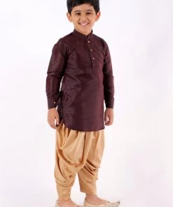Vastramay Boys' Wine Cotton Silk Blend Kurta And Dhoti Pant Set