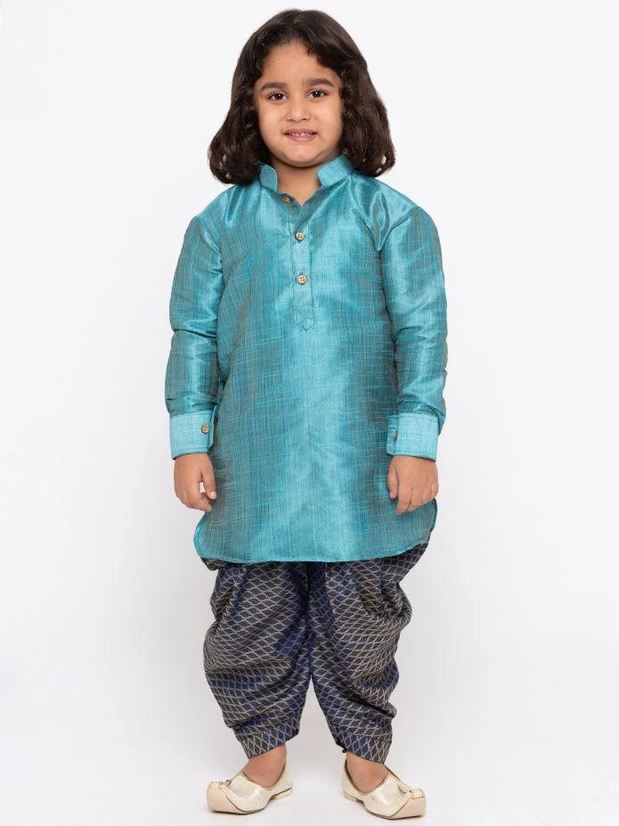 JBN Creation Boys' Blue Cotton Silk Kurta And Dhoti Pant Set 3 JBN Creation Boys' Blue Cotton Silk Kurta And Dhoti Pant Set
