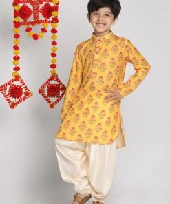 Vastramay Boys' Multicolor-Base-Mustard And Cream Kurta Patiala Set