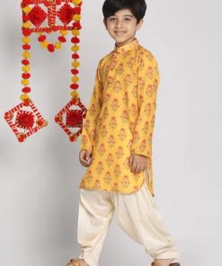 Vastramay Multicolor-Base-Mustard And Cream Baap Beta Kurta And Patiala Set