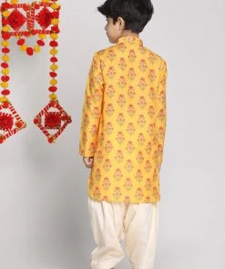 Vastramay Boys' Multicolor-Base-Mustard And Cream Kurta Patiala Set