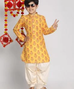 Vastramay Boys' Multicolor-Base-Mustard And Cream Kurta Patiala Set