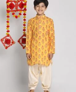 Vastramay Boys' Multicolor-Base-Mustard And Cream Kurta Patiala Set