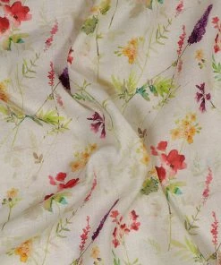 Vastramay Floral Printed Cream Cotton Linen Blend Fabric