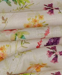 Vastramay Floral Printed Cream Cotton Linen Blend Fabric