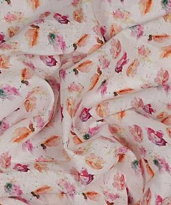 Vastramay Floral Printed White And Rose Pink Cotton Linen Blend Fabric