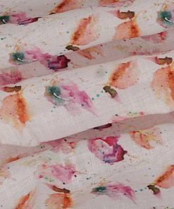 Vastramay Floral Printed White And Rose Pink Cotton Linen Blend Fabric