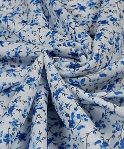 Vastramay Floral Printed White And Blue Cotton Linen Blend Fabric