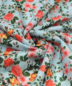 Vastramay Floral Printed Sky Blue And Peach Cotton Linen Blend Fabric