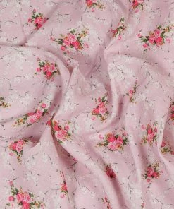 Vastramay Floral Printed Baby Pink And Rose Pink Cotton Linen Blend Fabric