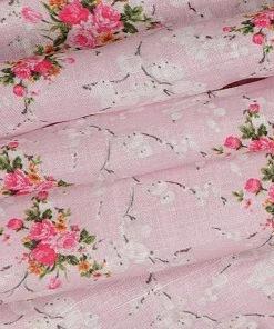 Vastramay Floral Printed Baby Pink And Rose Pink Cotton Linen Blend Fabric