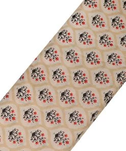 Vastramay Floral Printed Peach And Red Cotton Linen Blend Fabric