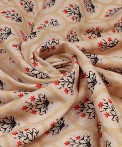 Vastramay Floral Printed Peach And Red Cotton Linen Blend Fabric