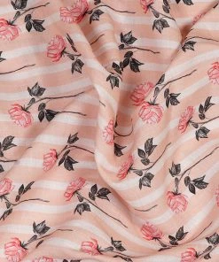 Vastramay Floral Printed Peach Base Soft Cotton Linen Fabric