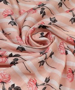 Vastramay Floral Printed Peach Base Soft Cotton Linen Fabric