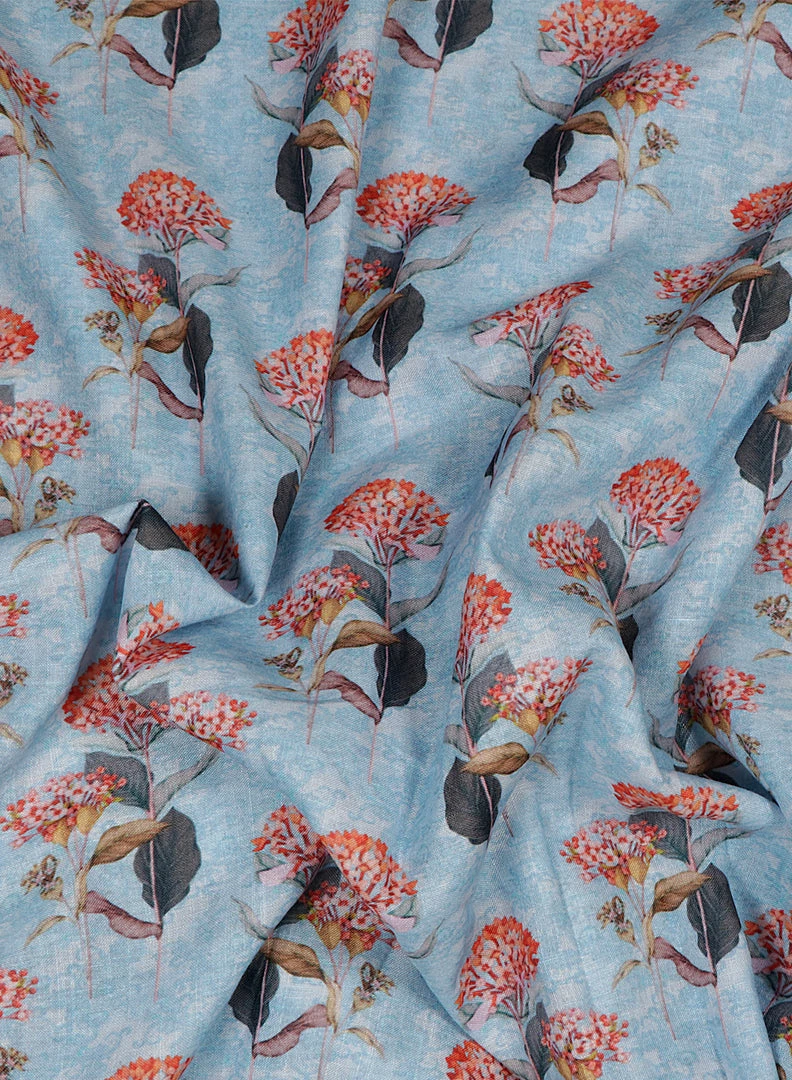 Vastramay Floral Printed Sky Blue And Orange Cotton Linen Blend Fabric 7 Vastramay Floral Printed Sky Blue And Orange Cotton Linen Blend Fabric