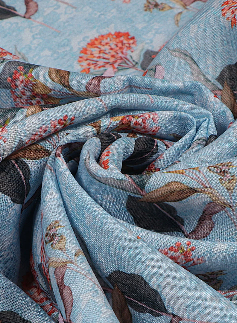 Vastramay Floral Printed Sky Blue And Orange Cotton Linen Blend Fabric 3 Vastramay Floral Printed Sky Blue And Orange Cotton Linen Blend Fabric