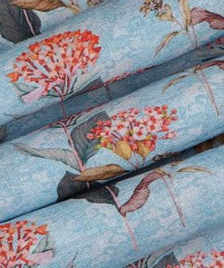 Vastramay Floral Printed Sky Blue And Orange Cotton Linen Blend Fabric 10 Vastramay Floral Printed Sky Blue And Orange Cotton Linen Blend Fabric