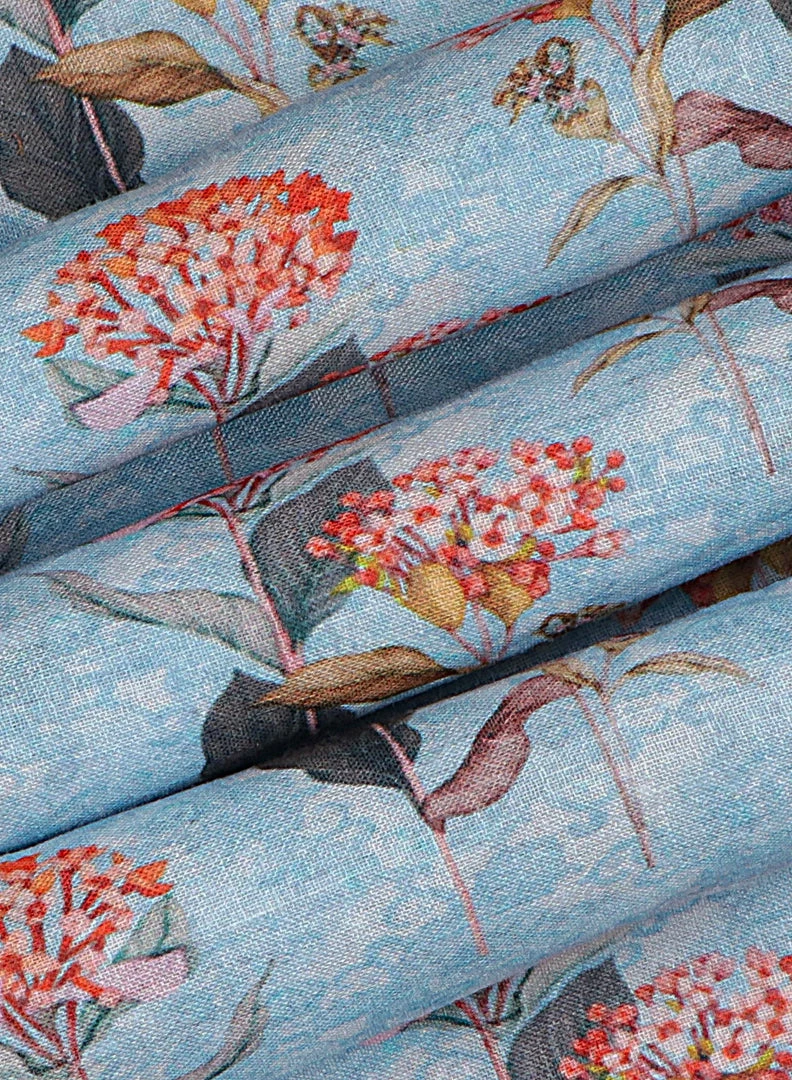 Vastramay Floral Printed Sky Blue And Orange Cotton Linen Blend Fabric 6 Vastramay Floral Printed Sky Blue And Orange Cotton Linen Blend Fabric
