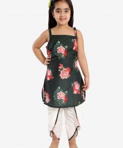 Vastramay Girls' Floral Printed Cotton Silk Kurta And Tulip Pants
