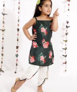 Vastramay Girls' Floral Printed Cotton Silk Kurta And Tulip Pants