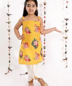 Vastramay Girls' Floral Printed Cotton Silk Kurta And Tulip Pants