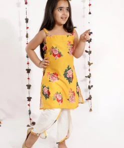 Vastramay Girls' Floral Printed Cotton Silk Kurta And Tulip Pants