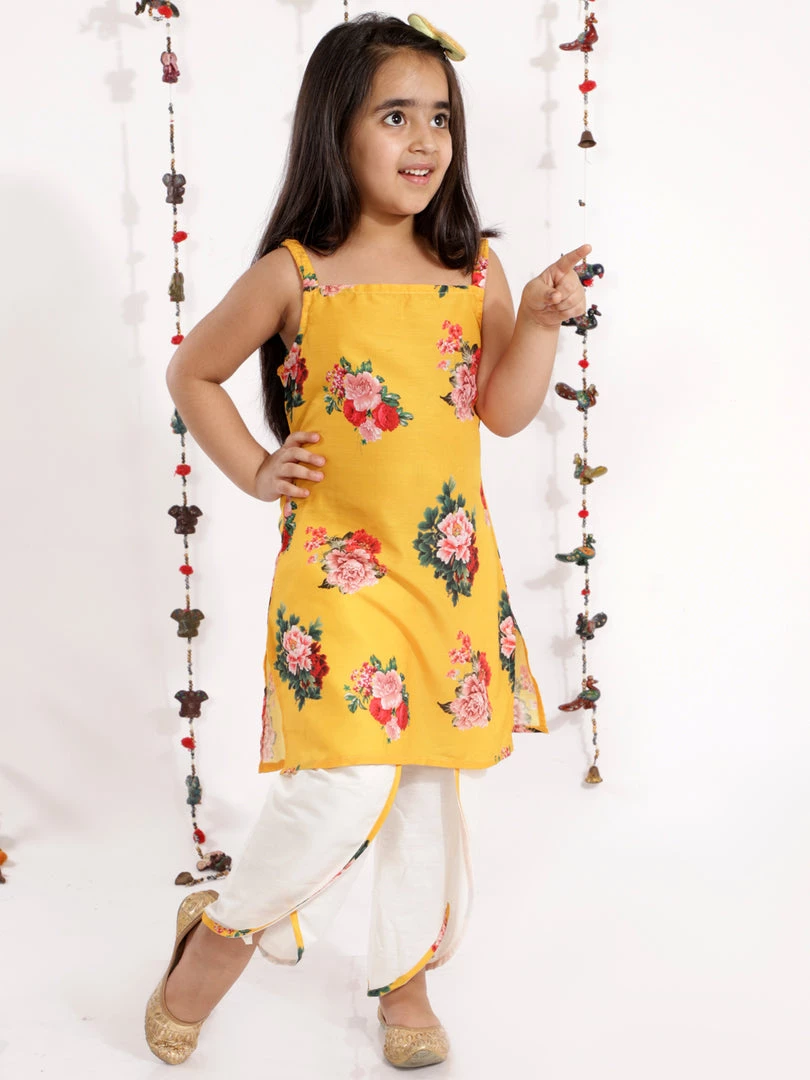 Vastramay Girls' Floral Printed Cotton Silk Kurta And Tulip Pants 4 Vastramay Girls' Floral Printed Cotton Silk Kurta And Tulip Pants