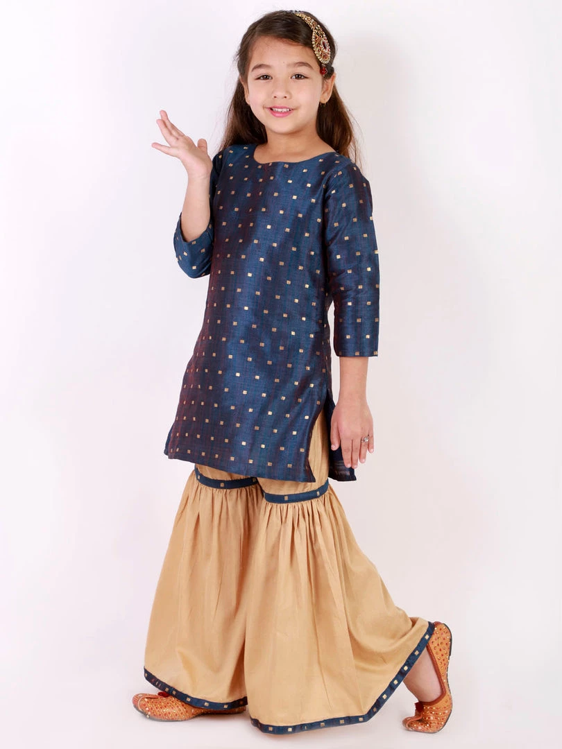 Vastramay Banarasi Blue And Rose Gold Woven Siblings Set 4 Vastramay Banarasi Blue And Rose Gold Woven Siblings Set