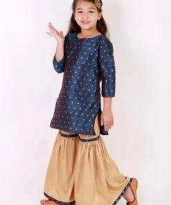 Vastramay Banarasi Blue And Rose Gold Woven Siblings Set