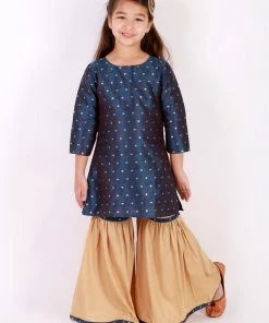 Vastramay Rakhi Girls' Blue Zari Kurta And Rose Gold Sharara Set
