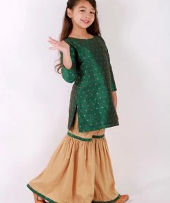 Vastramay Girls' Green Zari Kurta And Rose Gold Sharara Set