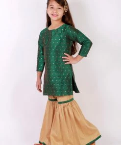 Vastramay Girls' Green Zari Kurta And Rose Gold Sharara Set
