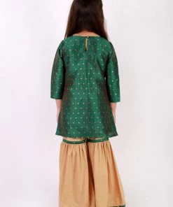 Vastramay Girls' Green Zari Kurta And Rose Gold Sharara Set