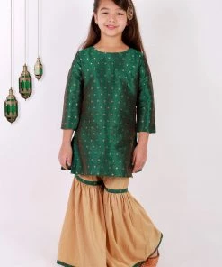 Vastramay Girls' Green Zari Kurta And Rose Gold Sharara Set