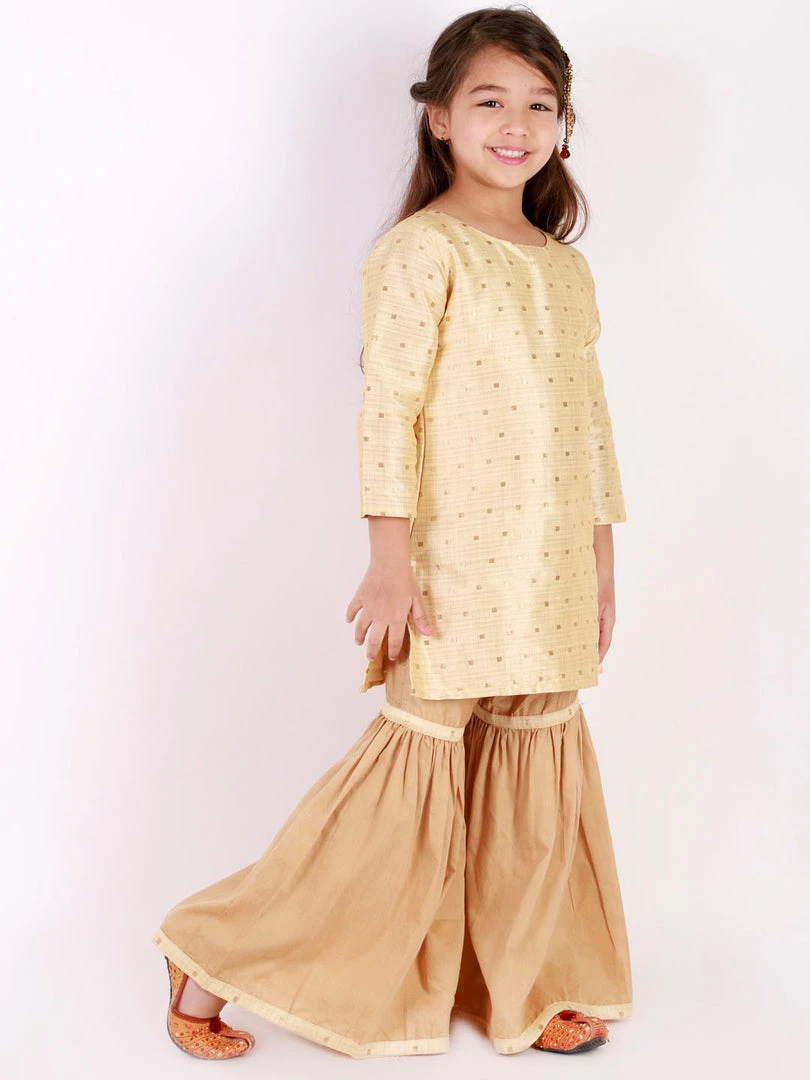 Vastramay Girls' Gold Zari Kurta And Rose Gold Sharara Set 4 Vastramay Girls' Gold Zari Kurta And Rose Gold Sharara Set