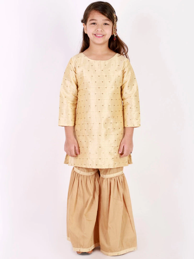 Vastramay Girls' Gold Zari Kurta And Rose Gold Sharara Set 8 Vastramay Girls' Gold Zari Kurta And Rose Gold Sharara Set