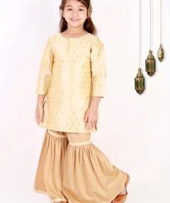 Vastramay Girls' Gold Zari Kurta And Rose Gold Sharara Set