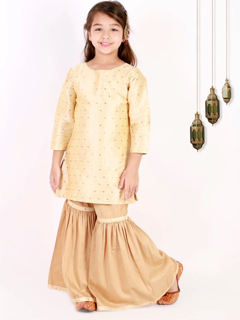 Vastramay Girls' Gold Zari Kurta And Rose Gold Sharara Set 3 Vastramay Girls' Gold Zari Kurta And Rose Gold Sharara Set