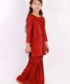 Vastramay Girls' Maroon Zari Kurta And Sharara Set