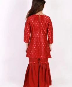 Vastramay Girls' Maroon Zari Kurta And Sharara Set