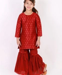 Vastramay Girls' Maroon Zari Kurta And Sharara Set