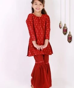 Vastramay Girls' Maroon Zari Kurta And Sharara Set