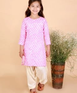 Vastramay Girls' Pink Color Printed Kurta & Cream Patiala Set