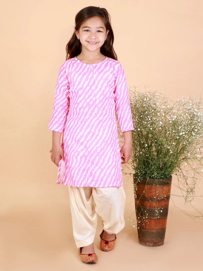 Vastramay Girls' Pink Color Printed Kurta & Cream Patiala Set 3 Vastramay Girls' Pink Color Printed Kurta & Cream Patiala Set
