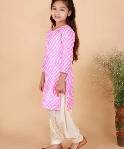 Vastramay Girls' Pink Color Printed Kurta & Cream Patiala Set