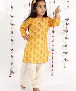 Vastramay Girls' Mustard And Cream Linen Kurta And Patiala Set
