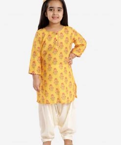 Vastramay Girls' Mustard And Cream Linen Kurta And Patiala Set